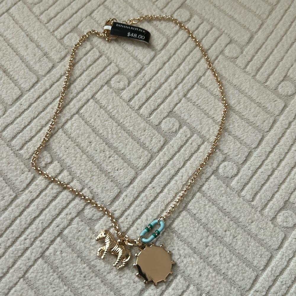 Banana Republic Gold Charm Necklace with Teal Enamel Link